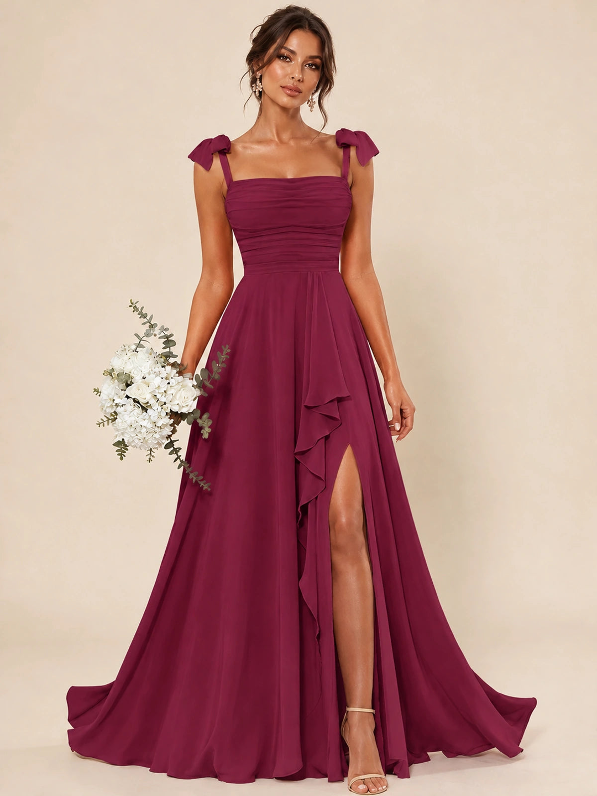 Ruffle Slit Chiffon A Line Scoop Neck Bridesmaid Dresses with Pockets