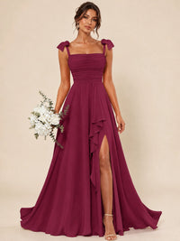 Ruffle Slit Chiffon A Line Scoop Neck Bridesmaid Dresses with Pockets