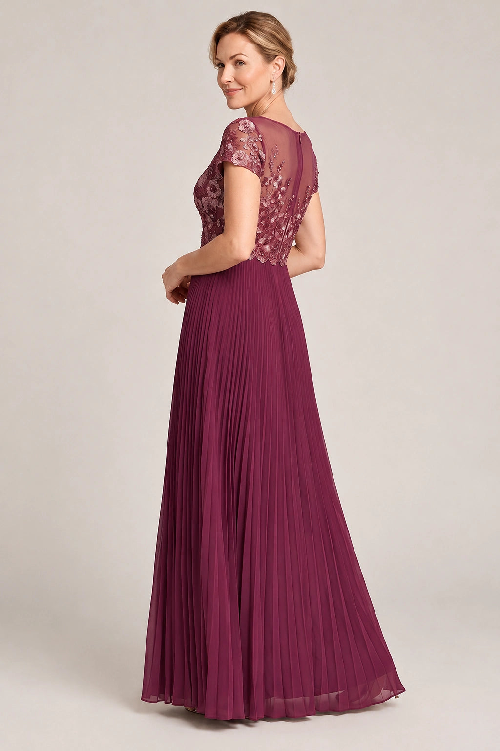Embroidered Lace Pleated Mother of the Bride Dress
