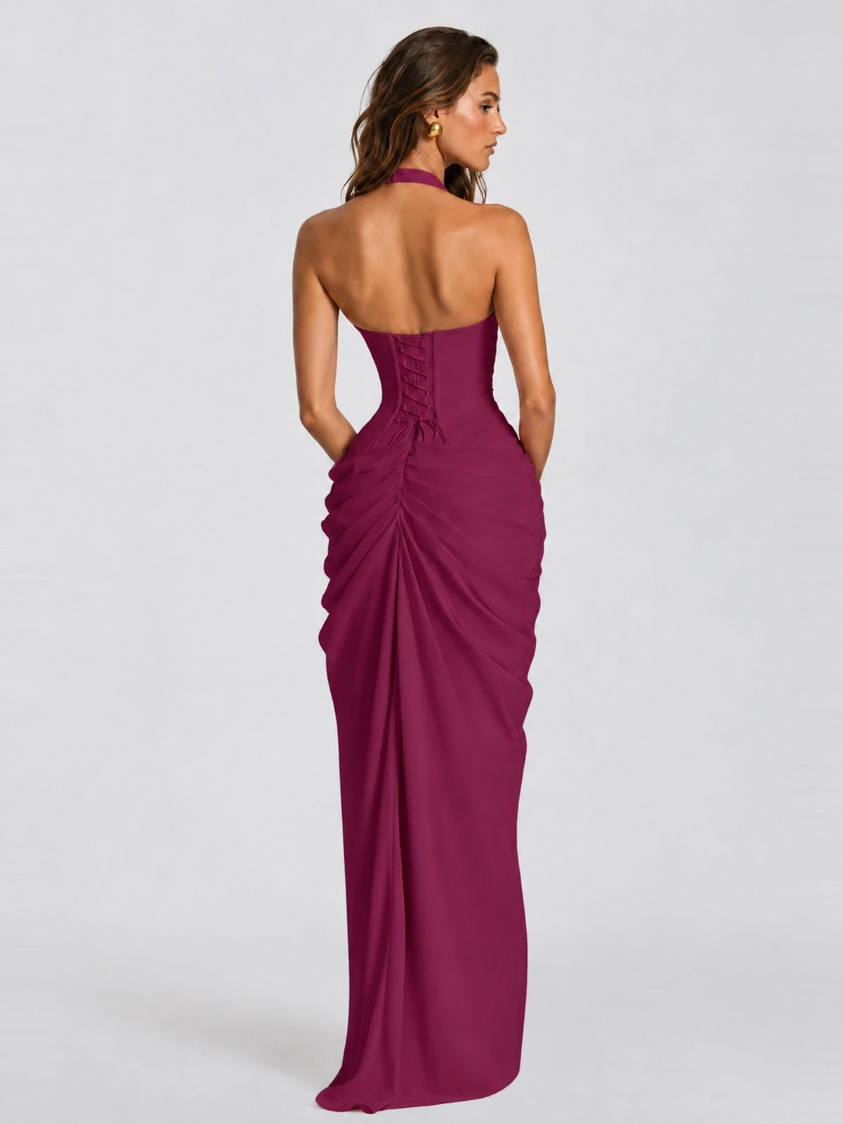 Ruched Halter Neck High-Slit Prom & Evening Dress