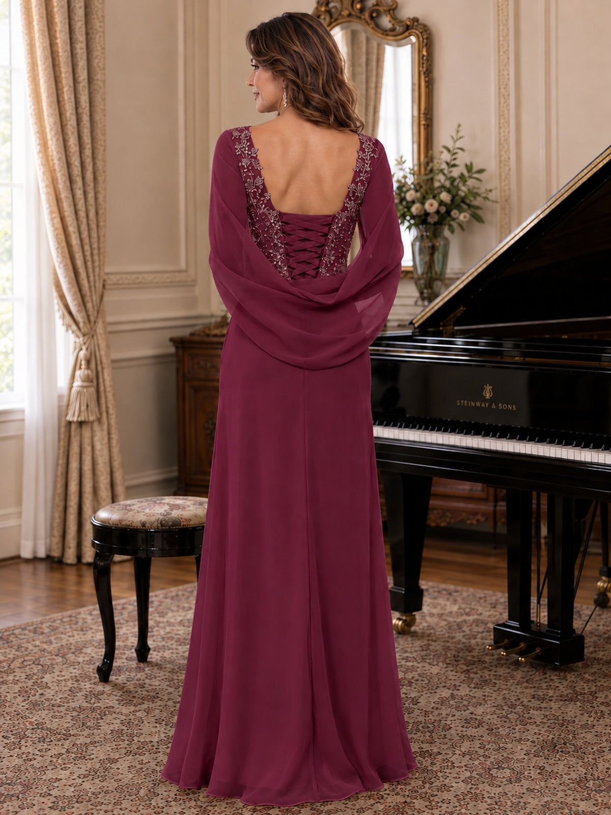 Elegant Applique Chiffon Mother of the Bride Dress with Cape Sleeves