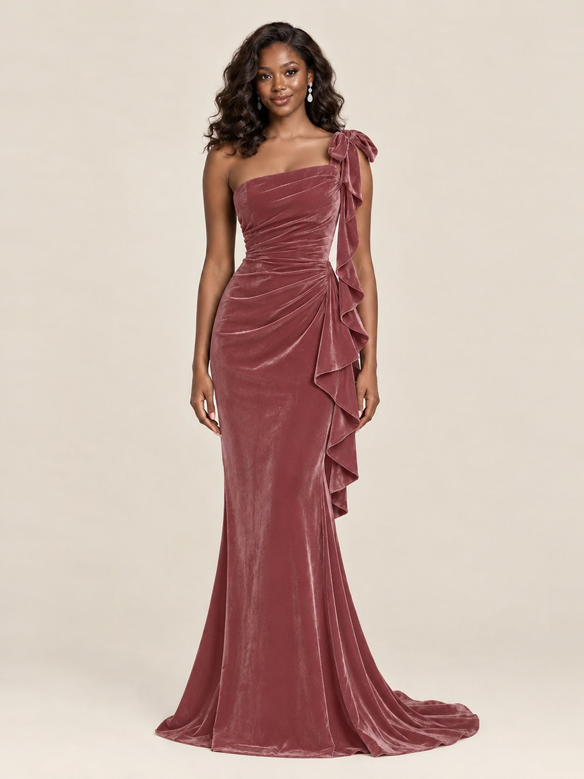 Black Velvet One-Shoulder Mermaid Evening Gown with Bow & Ruffles