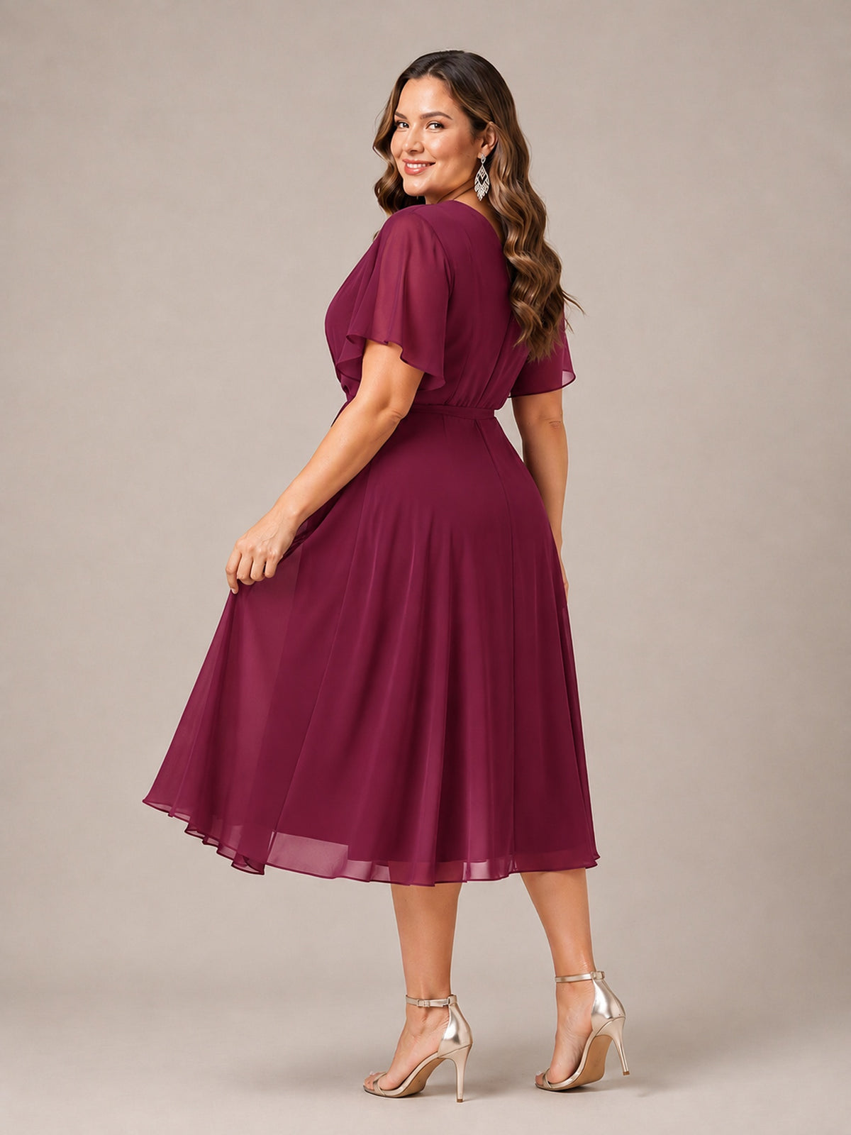 Navy Blue A-Line V-Neck Tea-Length Mother of the Bride Dress
