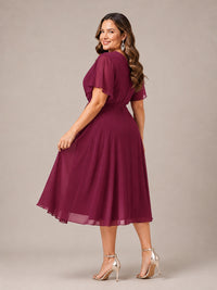 Navy Blue A-Line V-Neck Tea-Length Mother of the Bride Dress