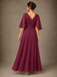 V-Neck Chiffon Lace Mother of the Bride Dress with Flutter Sleeves