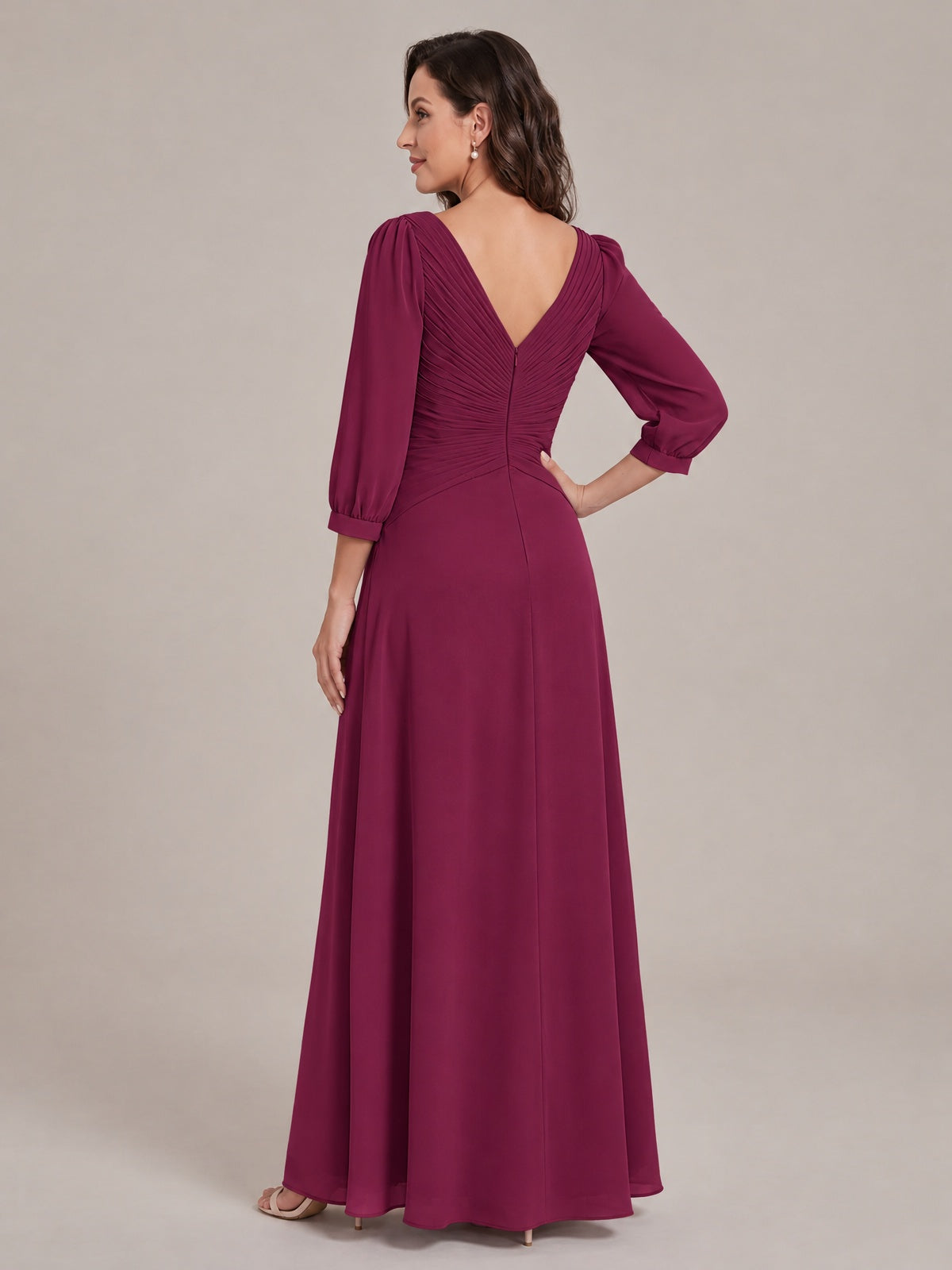 V-Neck Pleated Chiffon Mother of the Bride Dress with Flutter Sleeves