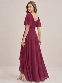 Dusty Blue Chiffon Bridesmaid Dress with Flutter Sleeves & High-Low Hem