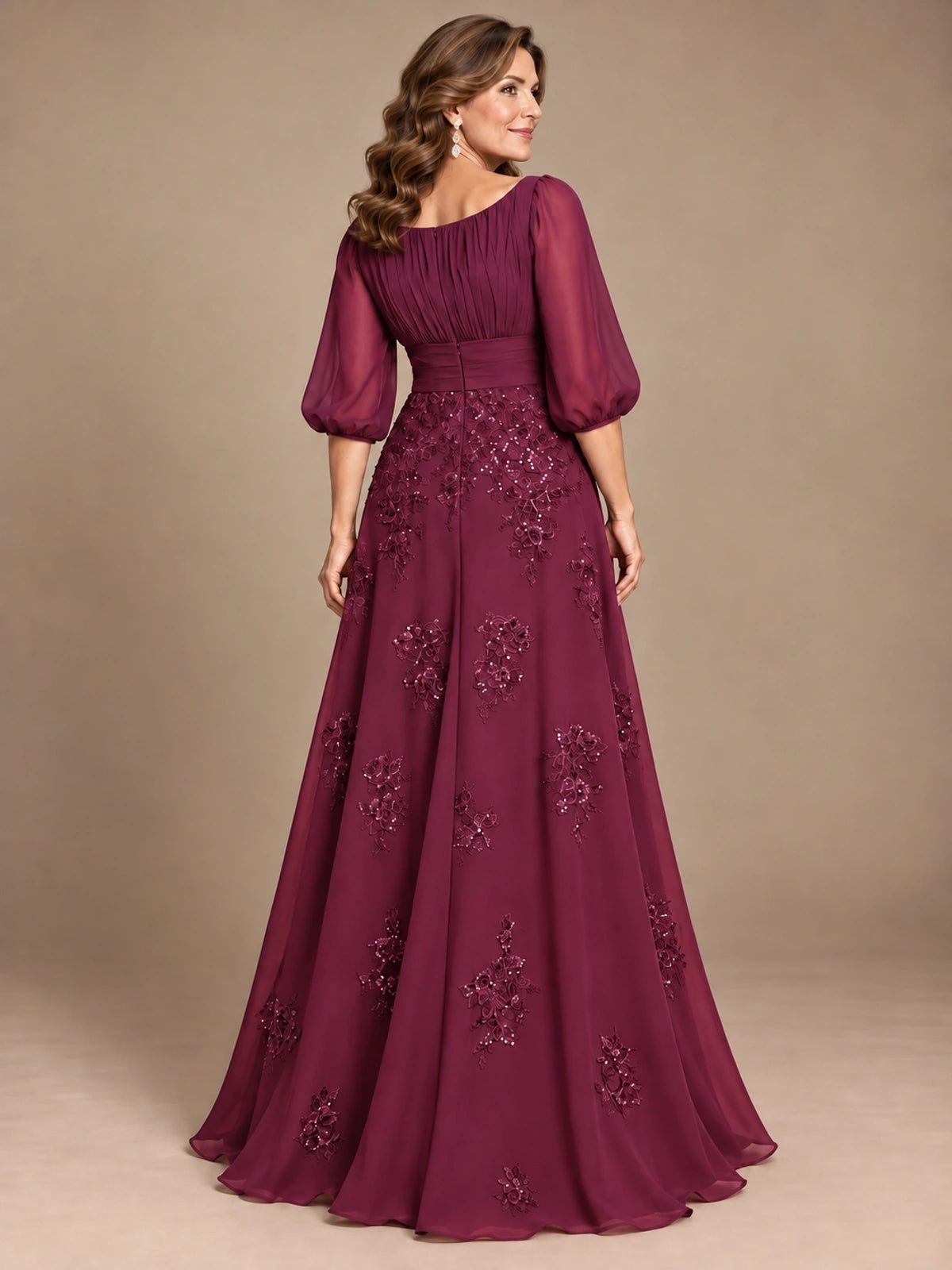 A-Line Mother of the Bride Dress with Sheer Puff Sleeves