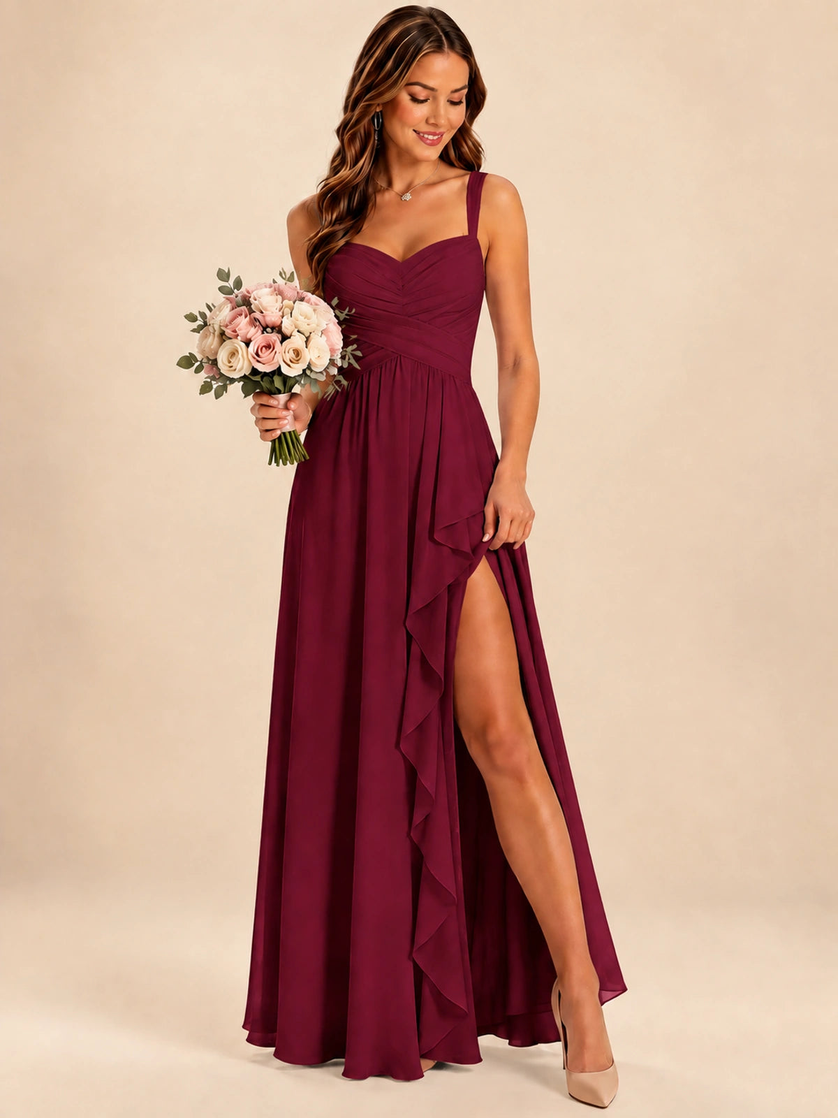 Spaghetti Straps Pleated Chiffon Bridesmaid Dress with Ruffle Slit