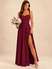 Spaghetti Straps Pleated Chiffon Bridesmaid Dress with Ruffle Slit