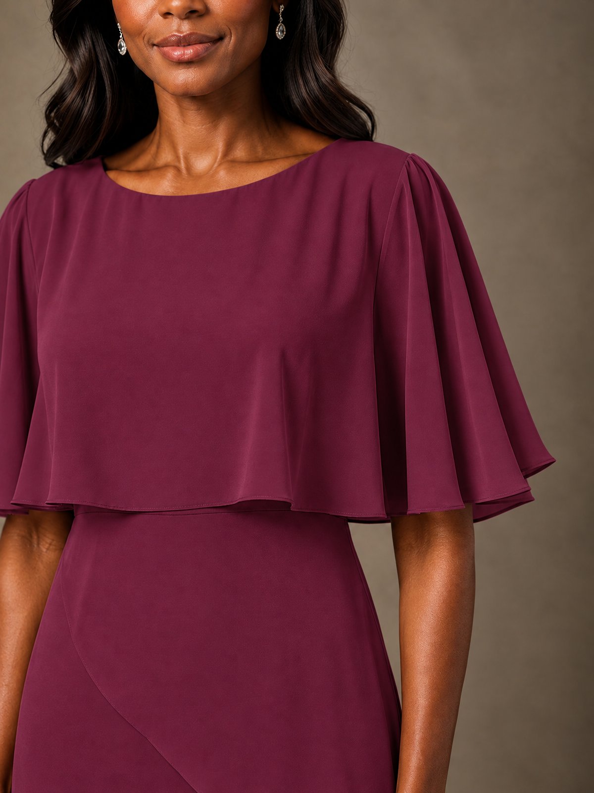 Taupe Chiffon A-Line Mother of the Bride Dress with Cape Sleeves