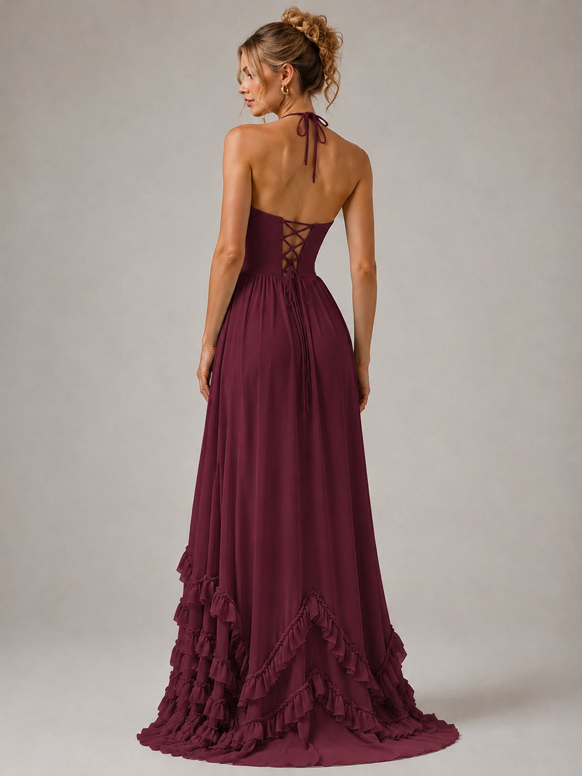 Halter V Neck Chiffon Formal Dress with Lace-Up Back and Ruffle Hem