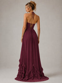 Halter V Neck Chiffon Formal Dress with Lace-Up Back and Ruffle Hem