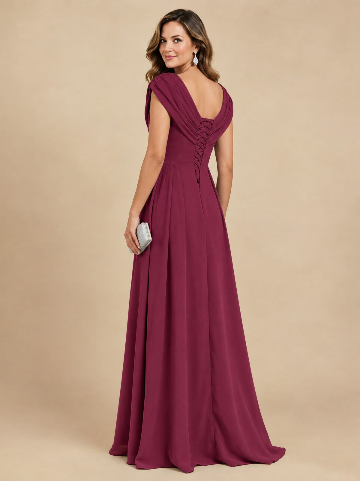 V Neck Pleated Mother of The Bride Dresses with Beading Cap Sleeves
