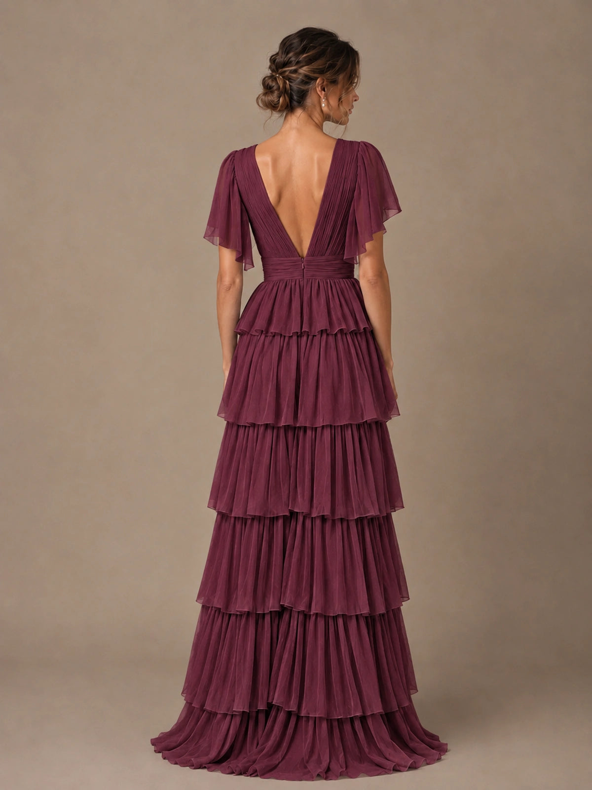 Chiffon V-Neck Tiered Ruffle Bridesmaid Dress with Slit