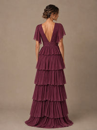 Chiffon V-Neck Tiered Ruffle Bridesmaid Dress with Slit