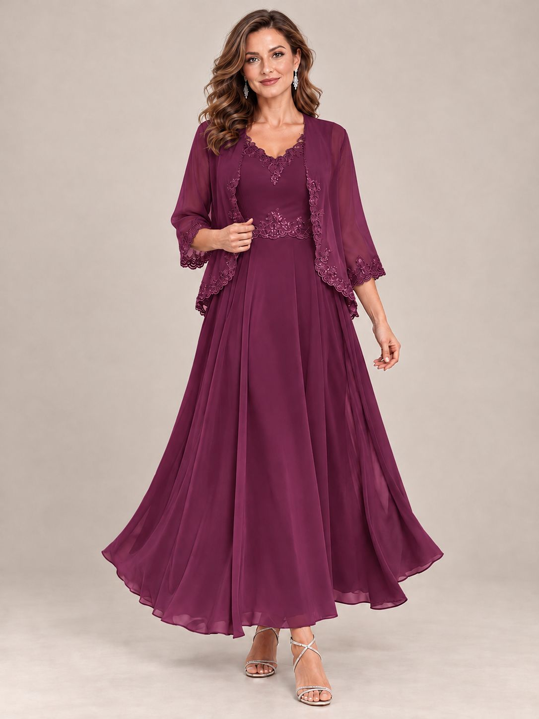 Dusty Blue Floral Lace Chiffon Mother of the Bride Dress with Jacket