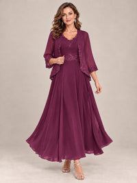 Dusty Blue Floral Lace Chiffon Mother of the Bride Dress with Jacket