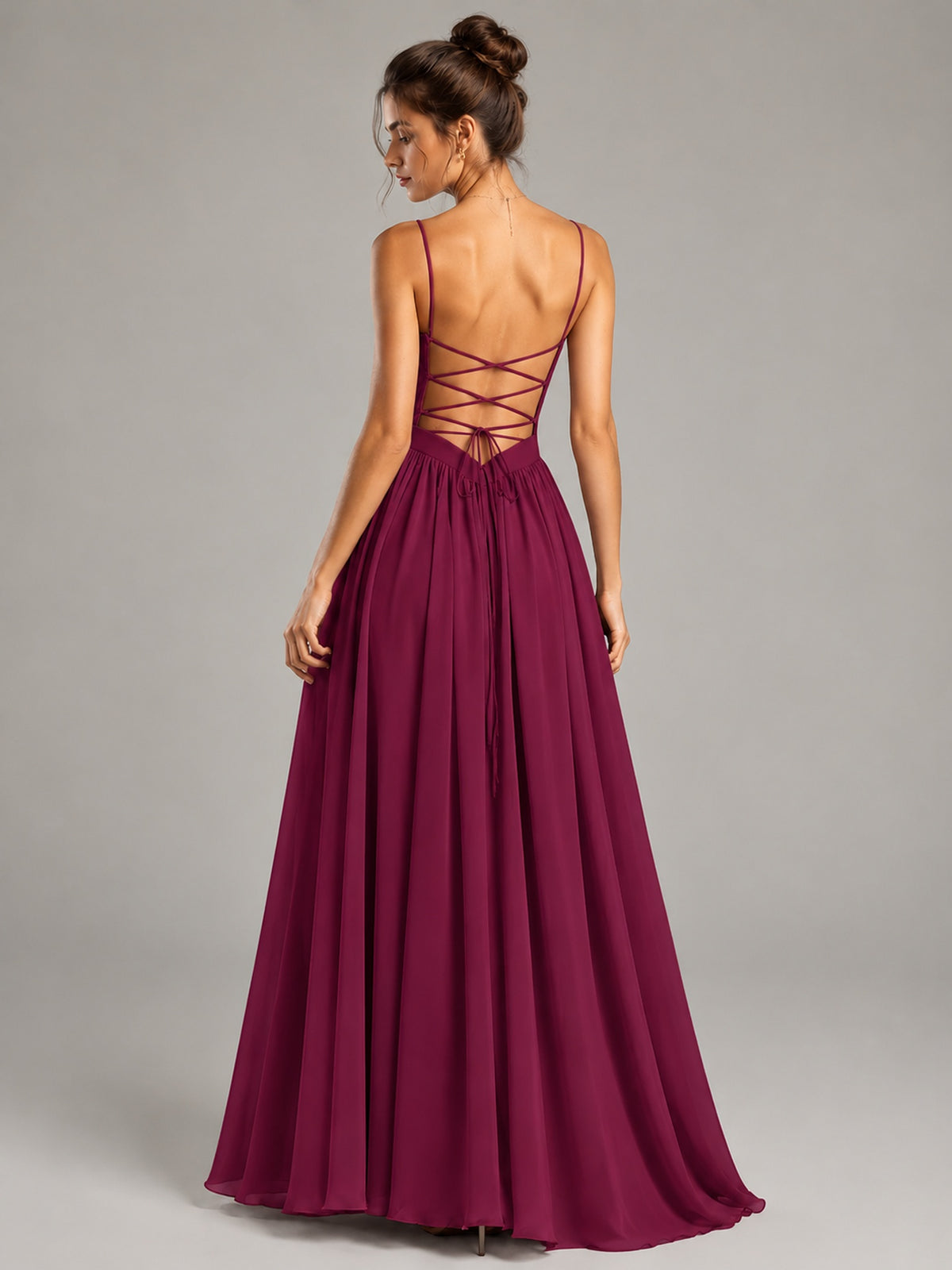 Spaghetti Strap Ruched Chiffon Maxi Dress with Backless