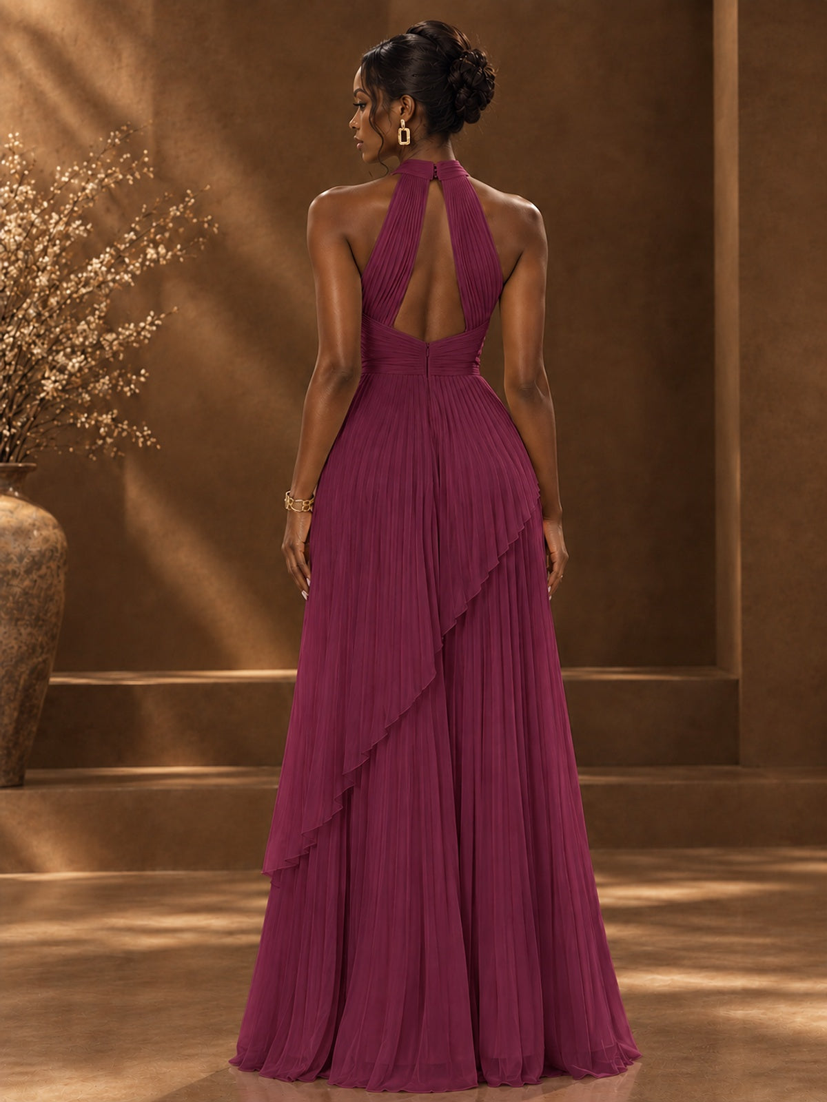 Wrap Pleated Prom Dress Halter A-line Chiffon Formal Wedding Dress