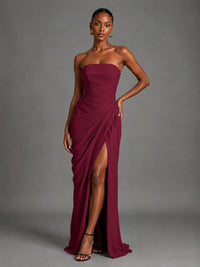Strapless Bodycon Pleated Chiffon Formal Dress with Slit