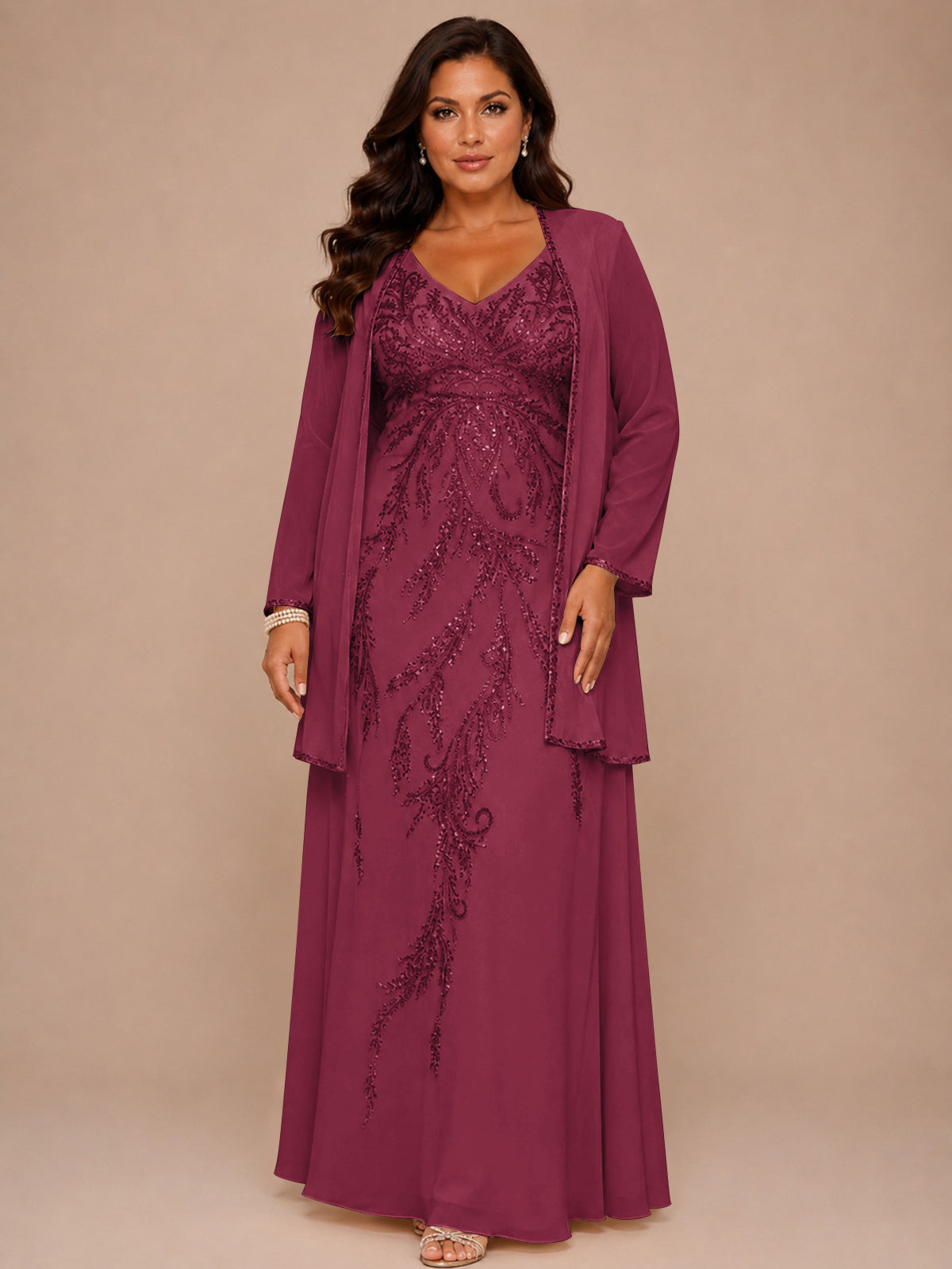 Champagne Beaded Chiffon Mother of the Bride Dress with Jacket V-Neck Gown