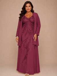 Champagne Beaded Chiffon Mother of the Bride Dress with Jacket V-Neck Gown