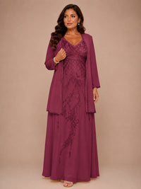 Champagne Beaded Chiffon Mother of the Bride Dress with Jacket V-Neck Gown