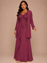 Champagne Beaded Chiffon Mother of the Bride Dress with Jacket V-Neck Gown