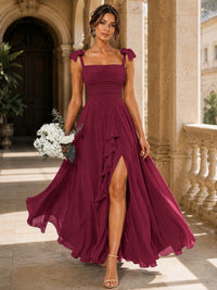 Ruffle Slit Chiffon A Line Scoop Neck Bridesmaid Dresses with Pockets