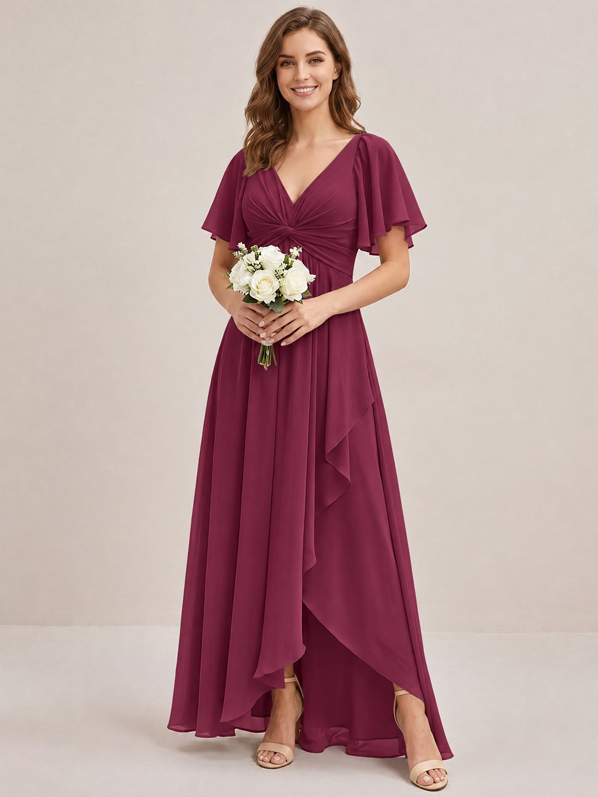 Dusty Blue Chiffon Bridesmaid Dress with Flutter Sleeves & High-Low Hem