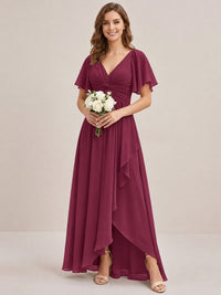 Dusty Blue Chiffon Bridesmaid Dress with Flutter Sleeves & High-Low Hem