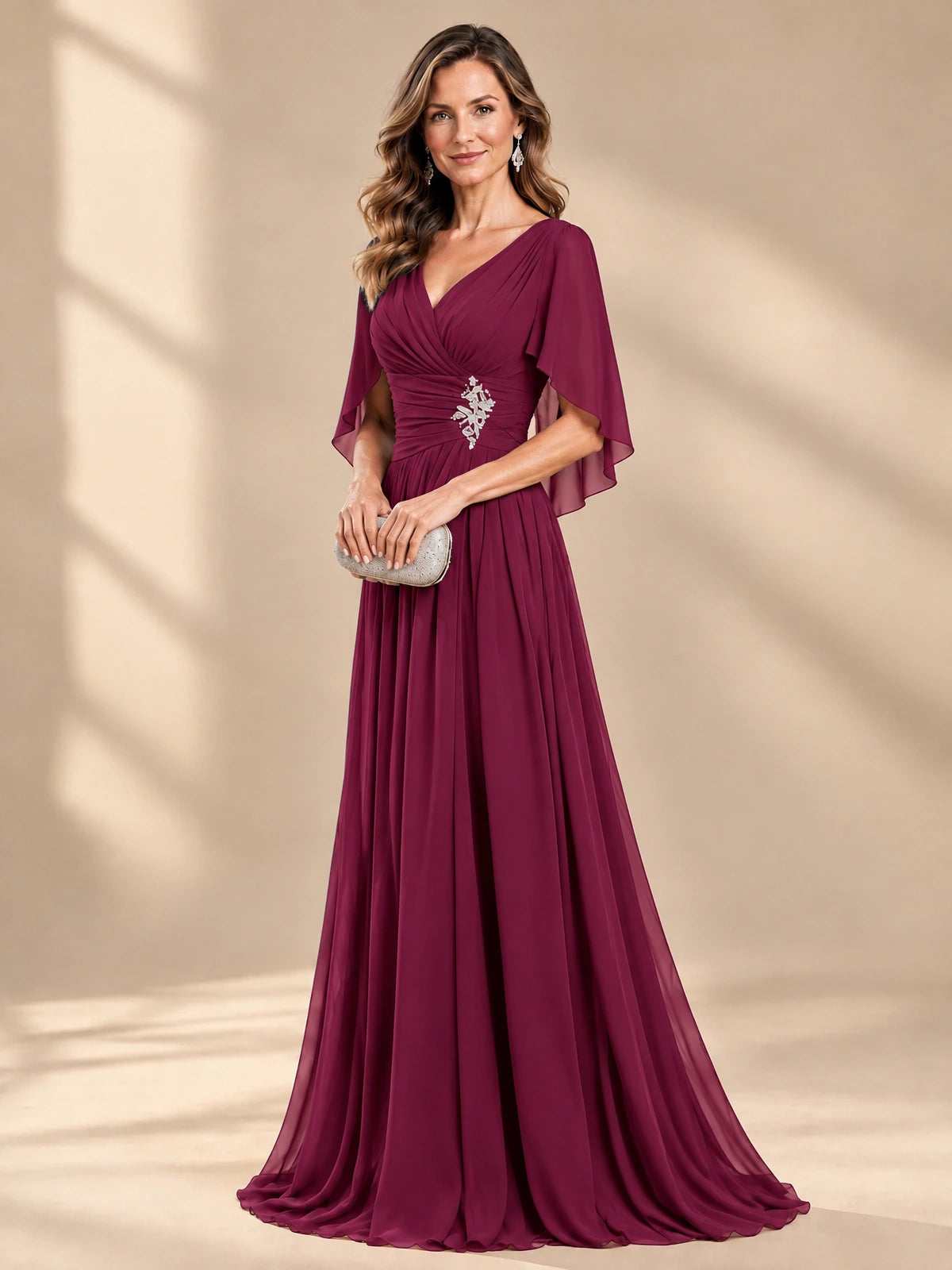 Ruched V Neck Mother of The Bride Dresses with Shawls Appliques and Cap Sleeves
