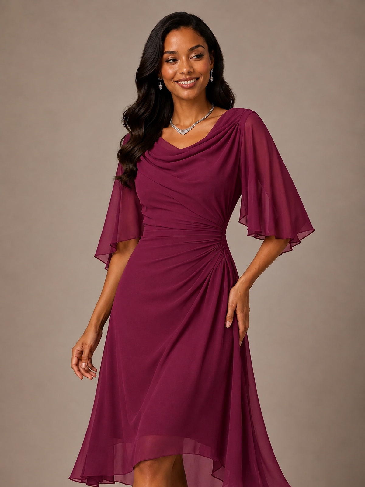 Cowl Neck Ruched Chiffon Mother of the Bride Dresses with Flutter Sleeves