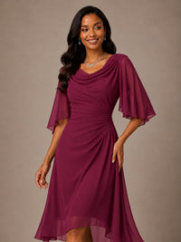 Cowl Neck Ruched Chiffon Mother of the Bride Dresses with Flutter Sleeves