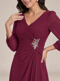 V-Neck Pleated Chiffon Mother of the Bride Dress with Flutter Sleeves