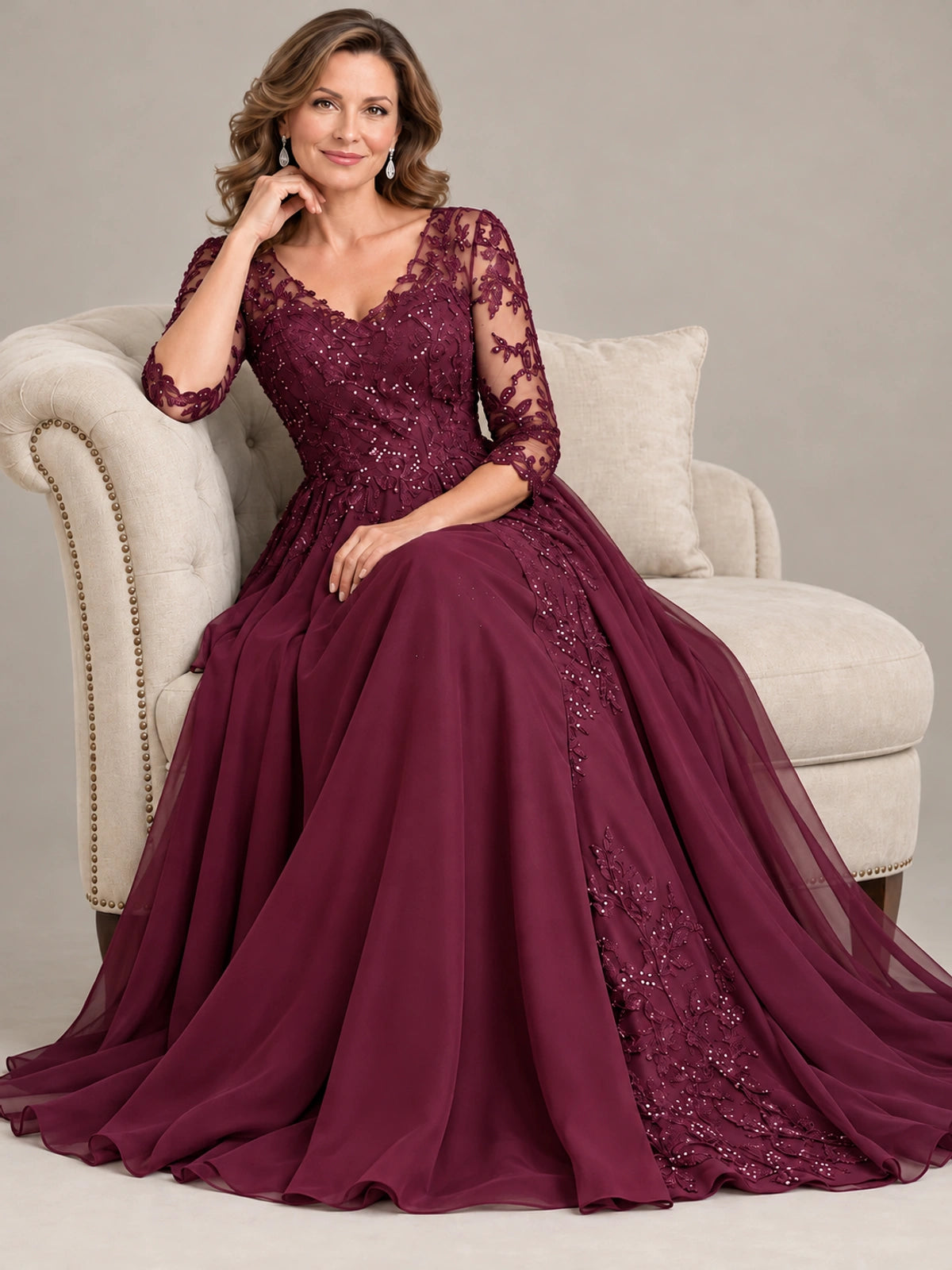 Sequin Lace A-Line Mother of the Bride Dress with 3/4 Sleeves