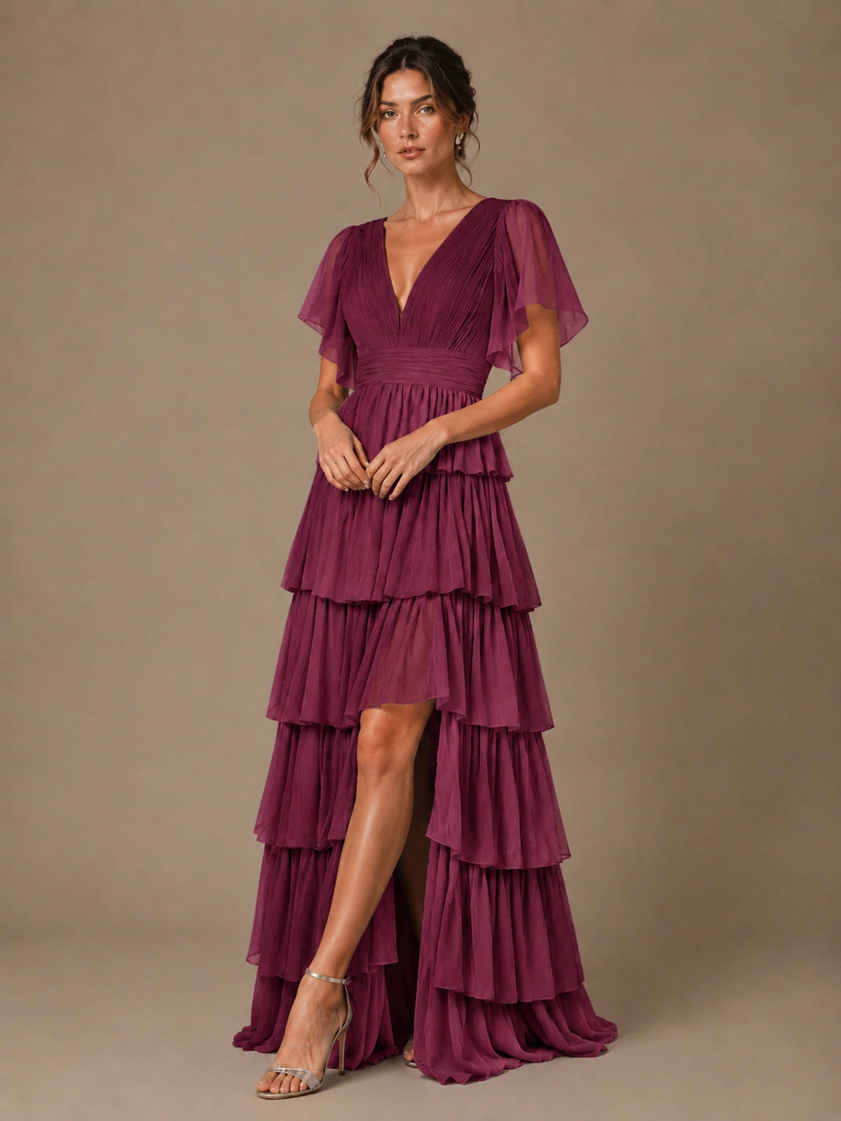Chiffon V-Neck Tiered Ruffle Bridesmaid Dress with Slit