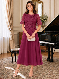 Tea-Length Chiffon Mother of the Bride Dress with Sequin Lace Sleeves