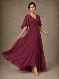 V-Neck Chiffon Lace Mother of the Bride Dress with Flutter Sleeves