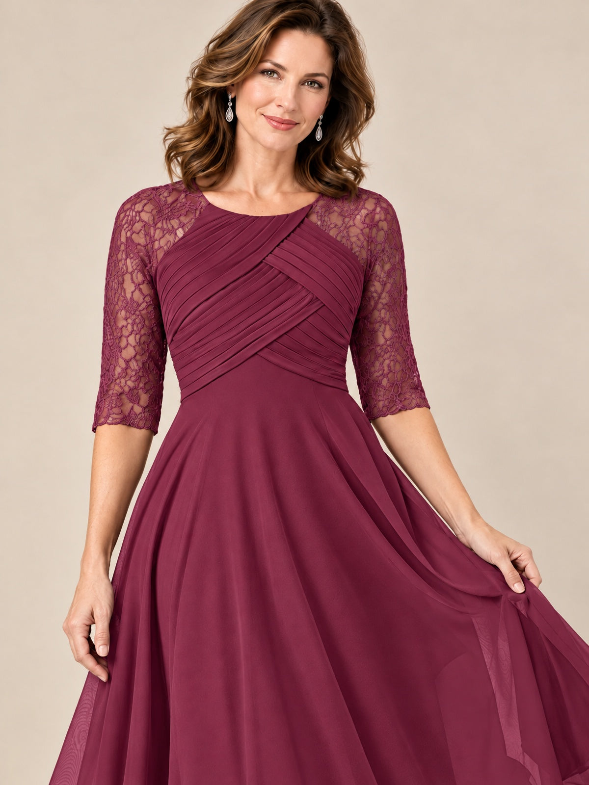 Tea-Length Mother of the Bride Dress with Lace 3/4 Sleeves