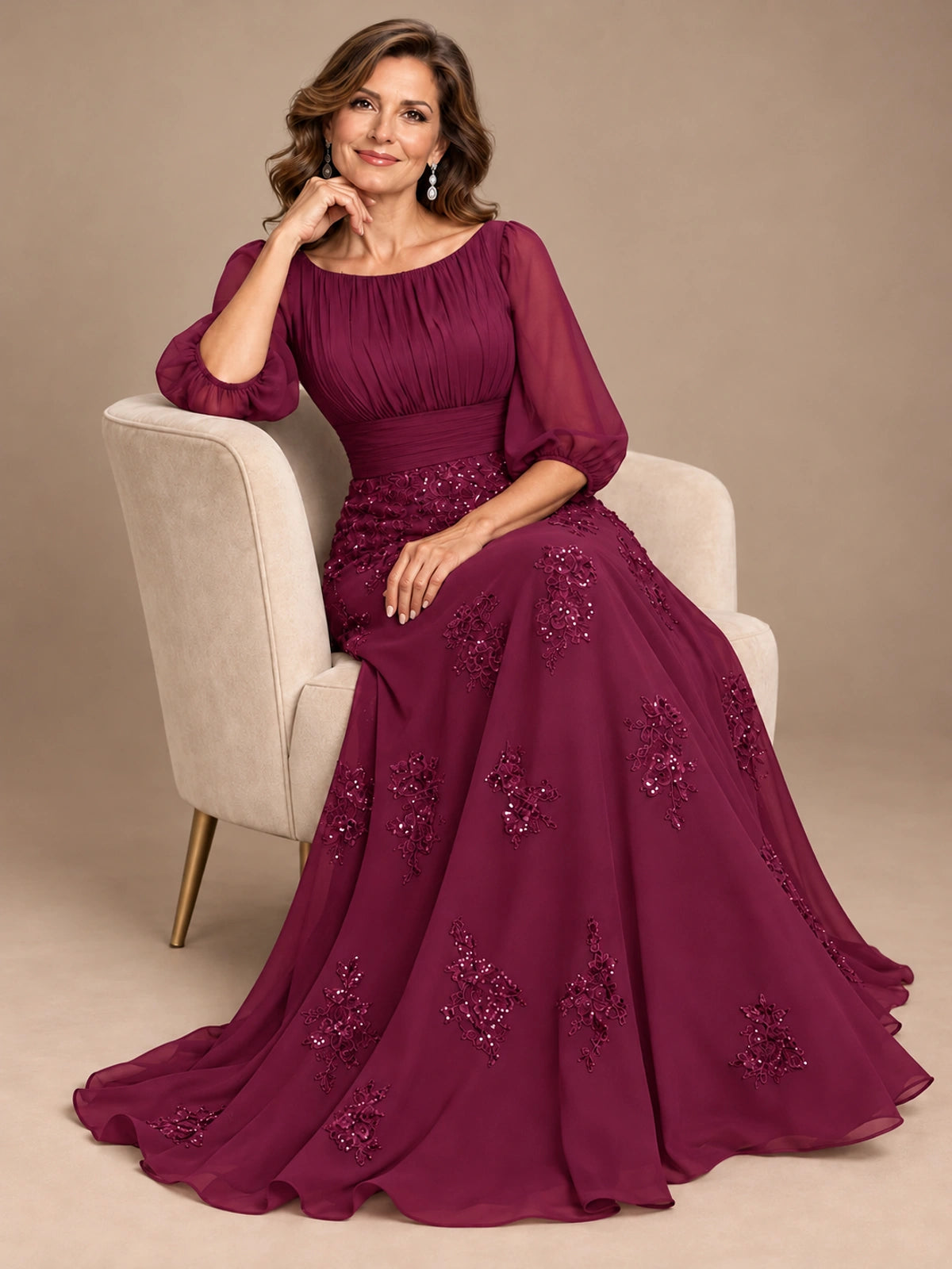 A-Line Mother of the Bride Dress with Sheer Puff Sleeves