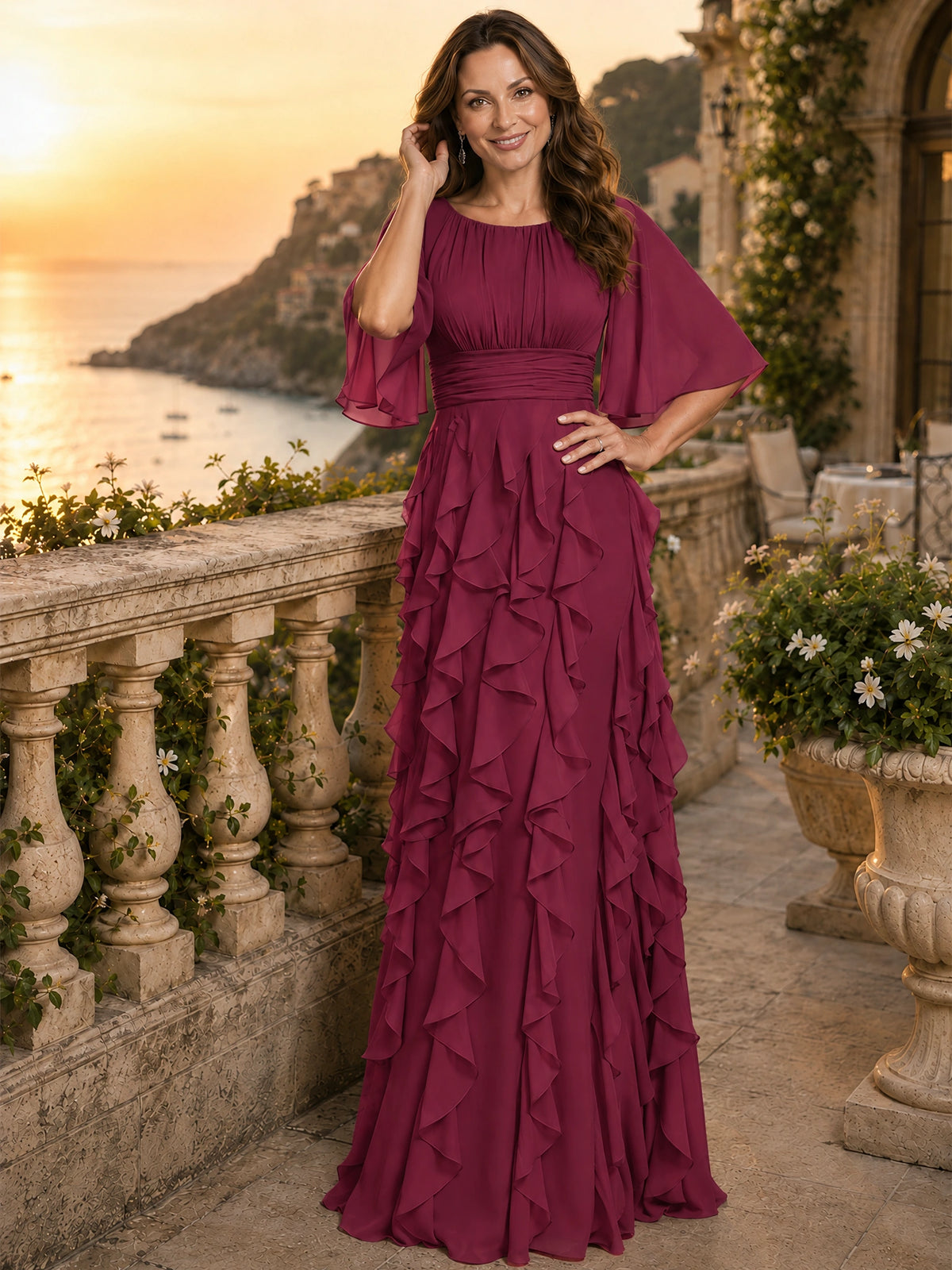 Elegant Chiffon Mother of the Bride Dress with Flutter Sleeves and Ruffle Skirt