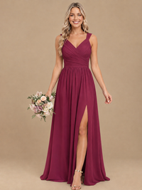 Pleated Chiffon V Neck Wedding Bridesmaid Dresses Floor Length with Slit