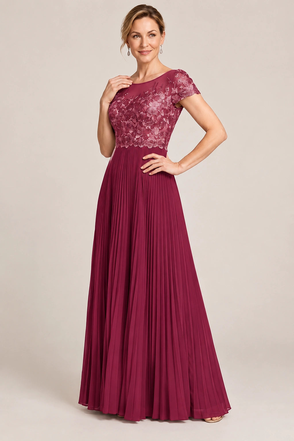 Embroidered Lace Pleated Mother of the Bride Dress