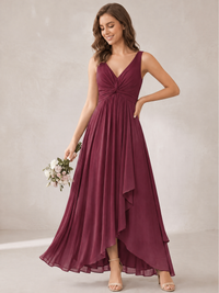 V-Neck High-Low Chiffon Bridesmaid Dress with Ruffles