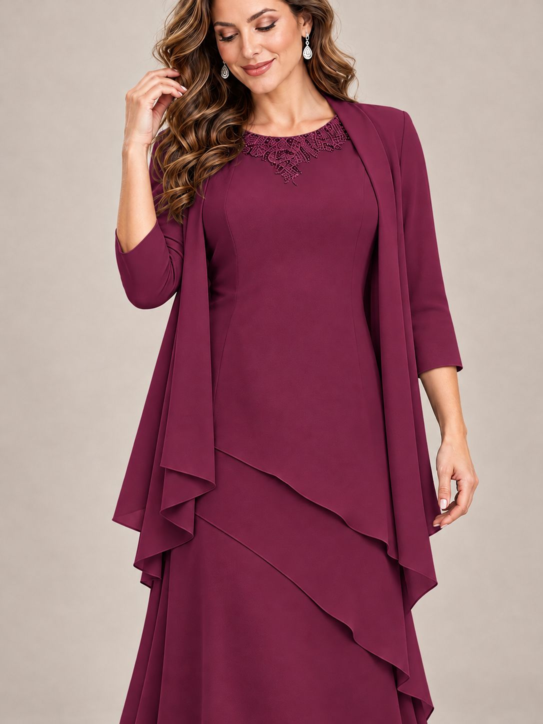 Dusty Blue Two-Piece Chiffon Mother of the Bride Dress with Jacket
