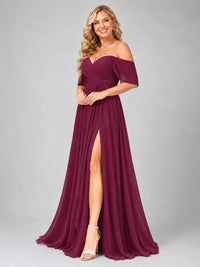 Off Shoulder Chiffon Bridesmaid Dress with Slit