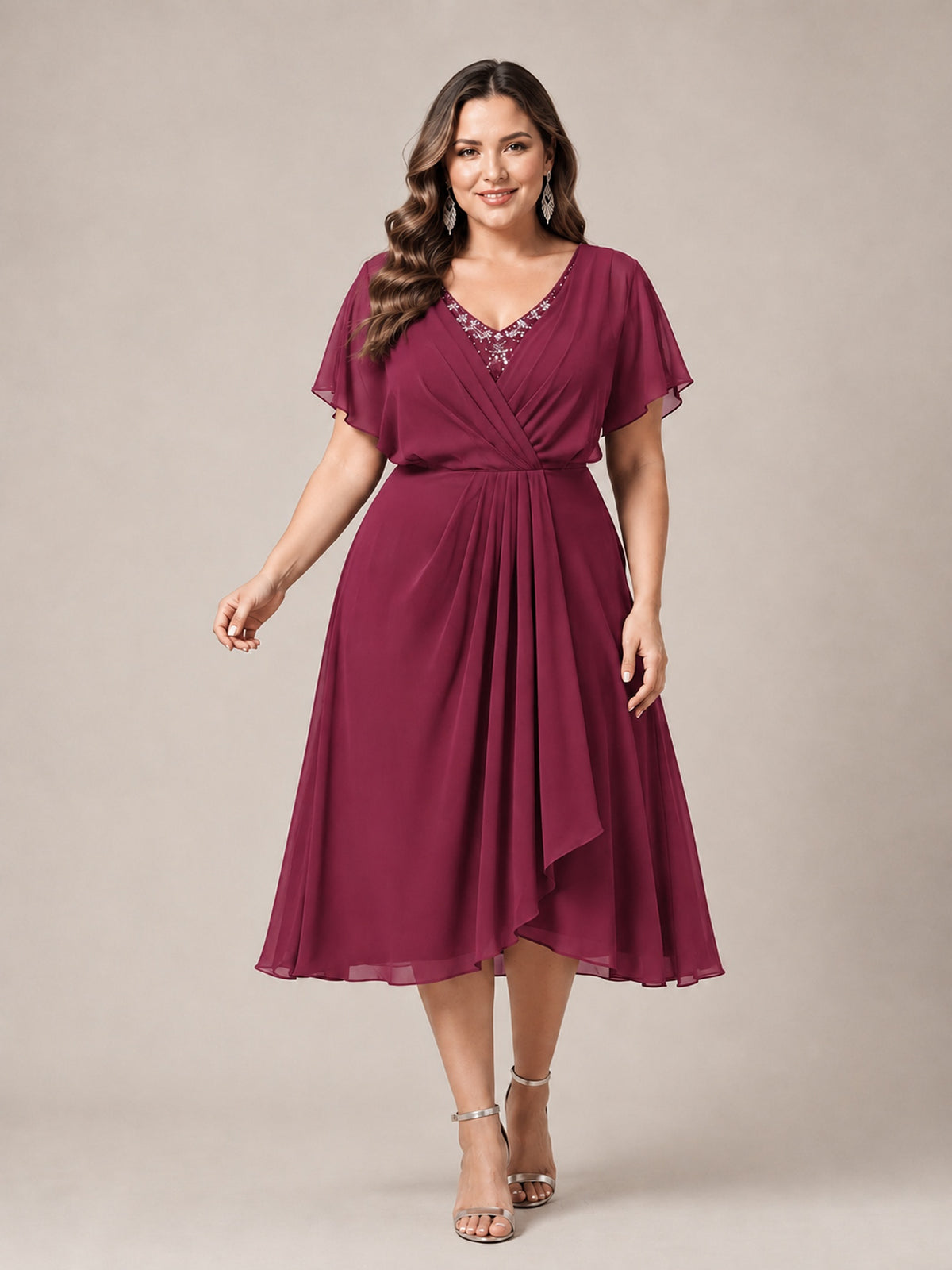 Navy Blue A-Line V-Neck Tea-Length Mother of the Bride Dress