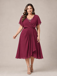 Navy Blue A-Line V-Neck Tea-Length Mother of the Bride Dress